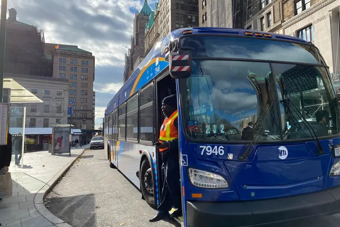 A bus operator in downtown Brooklyn.